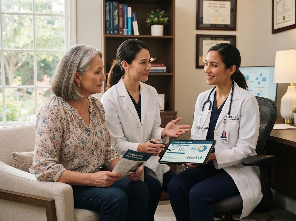 A physician and patient having a thoughtful conversation in a medical office